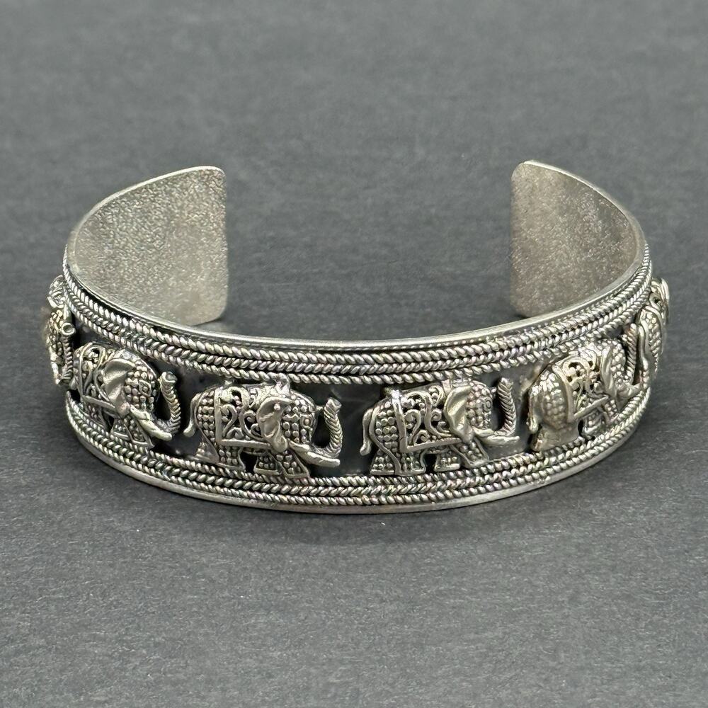 STS Indonesia 925 Sterling Silver Elephant Parade Wide Cuff Bracelet 40g